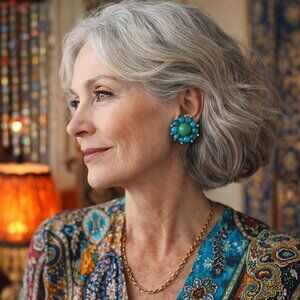 Vintage Blue Teal Beaded Cluster 1" Clip-on Turquoise Retro Statement Earring